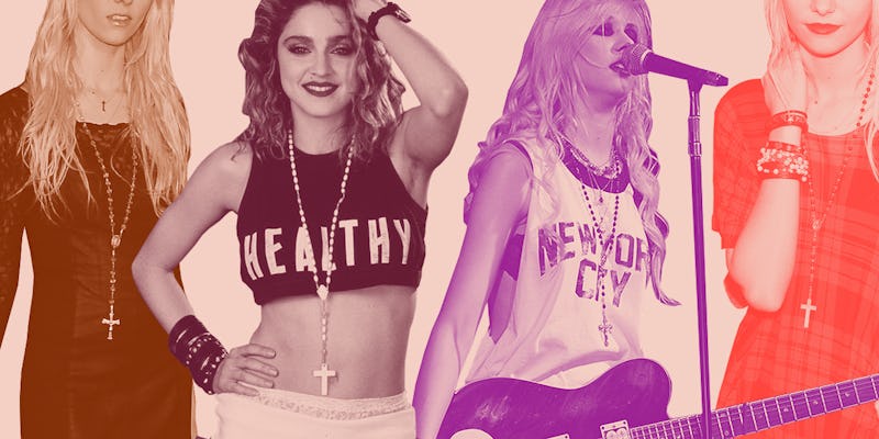 A collage of four women including Madonna and Taylor Momsen wearing rosaries as necklaces