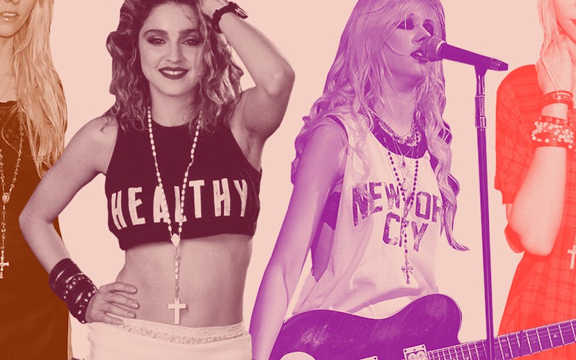A collage of four women including Madonna and Taylor Momsen wearing rosaries as necklaces