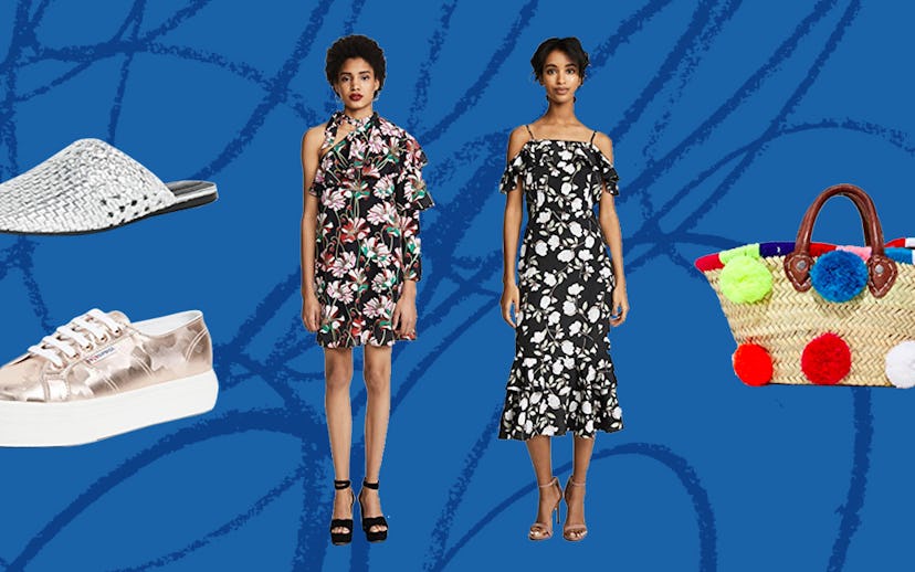 Two models side by side, one is in Ella Moon's Floral Pleat Sleeve Dress and the other is in J.O.A.'...