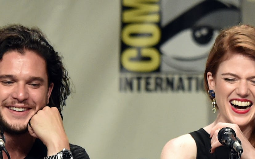 Actors Rose Leslie and Kit Harington laughing at the San Diego Comic Con
