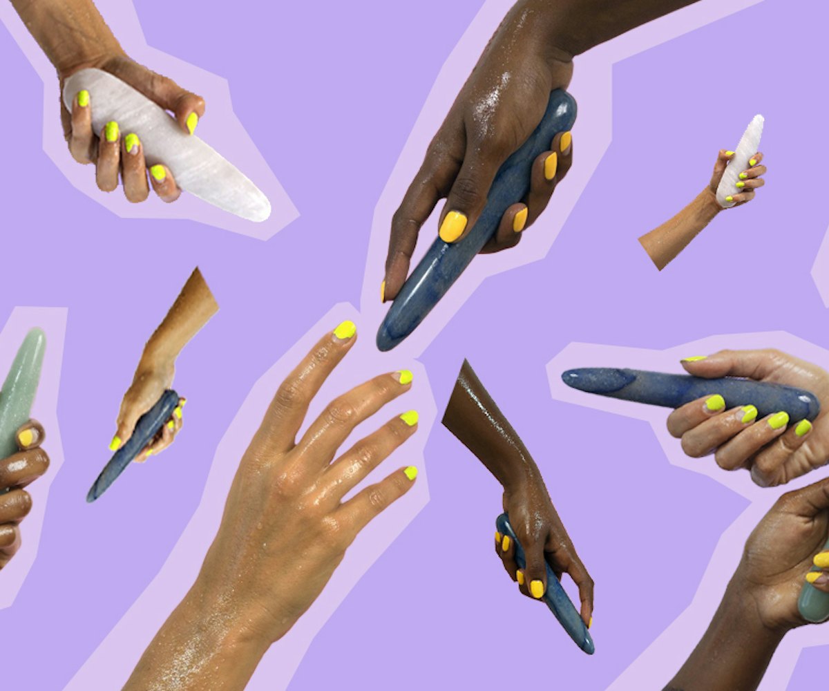 Collage of hands holding crystals in a shape of dildos and butt plugs.