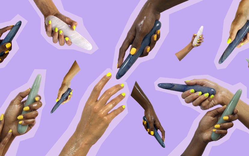 Collage of hands holding crystals in a shape of dildos and butt plugs