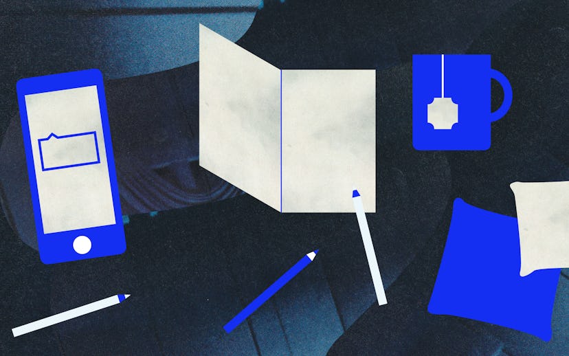 Scrambled blue and white items, including a cellphone, cup of hot beverage, pen and paper and sticke...