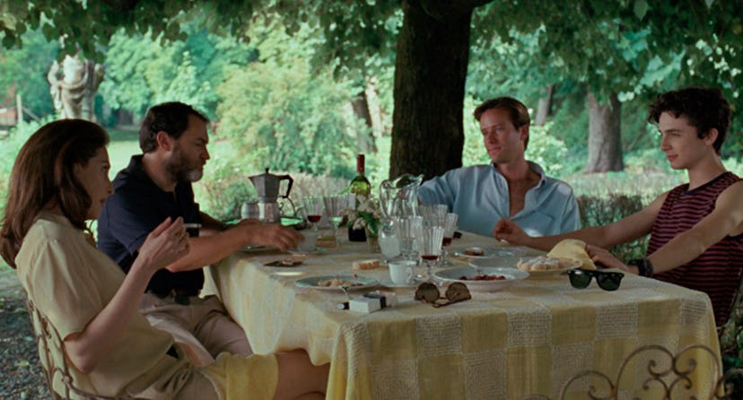 "Call Me by Your Name" outdoor family lunch scene with Oliver