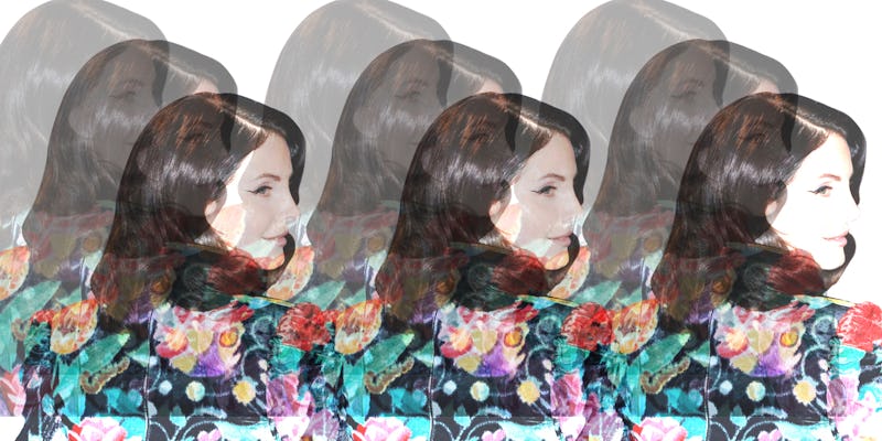 Lana Del Rey looking into the distance while wearing a floral blazer