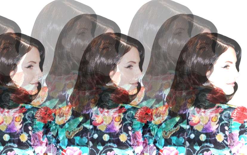 Lana Del Rey looking into the distance while wearing a floral blazer
