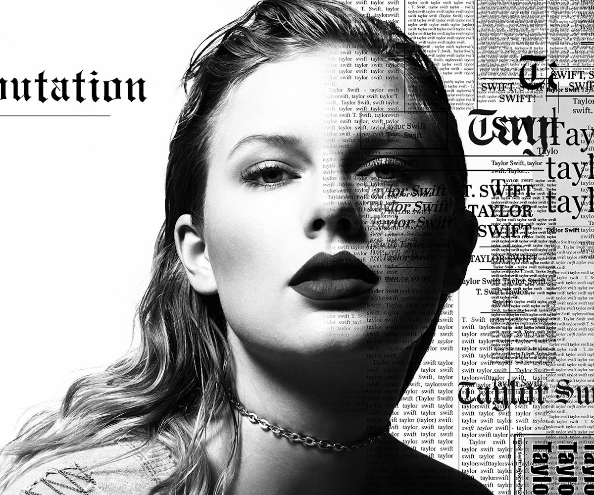 The cover of Taylor Swift's album Reputation in black and white showing Taylor Swift with a newspape...