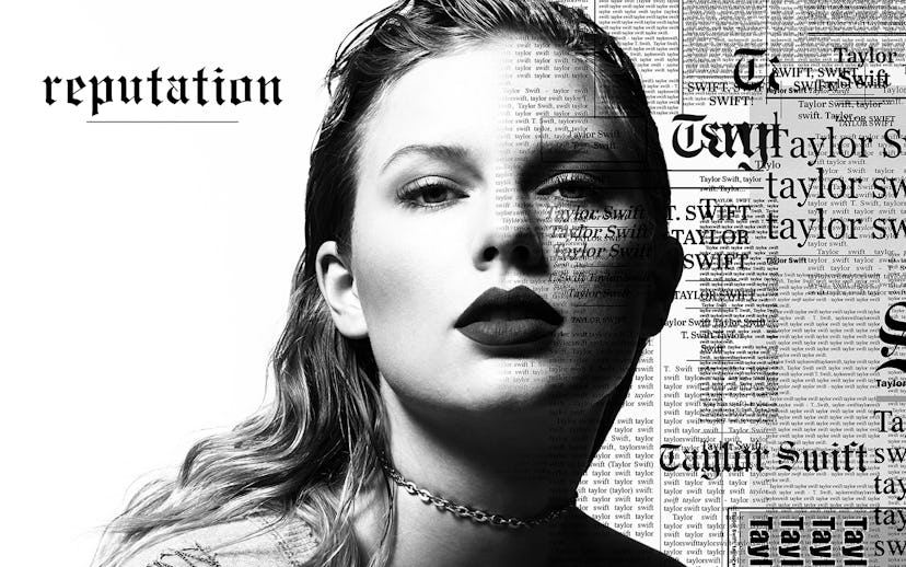 The cover of Taylor Swift's album Reputation in black and white showing Taylor Swift with a newspape...