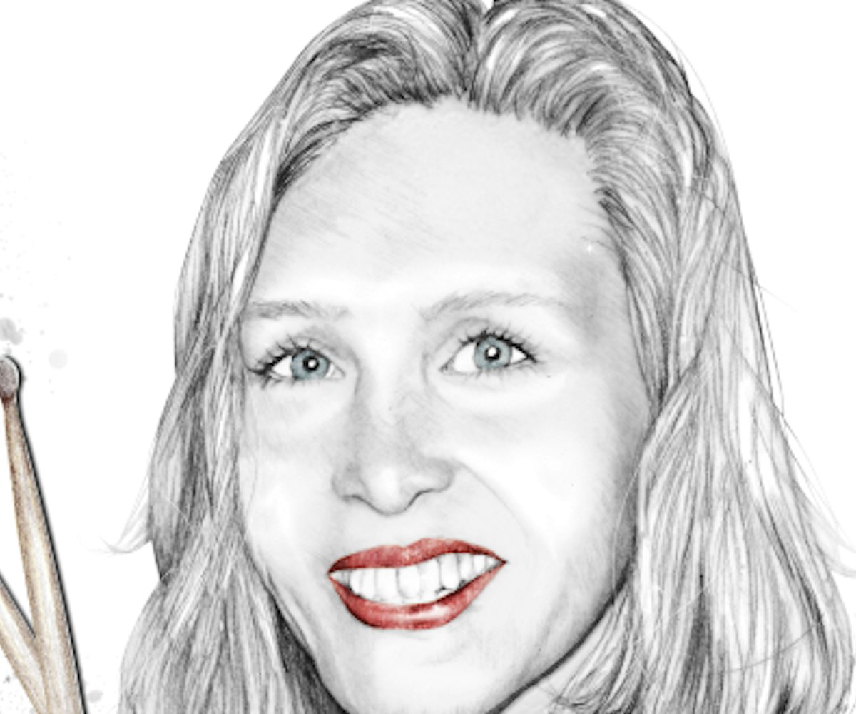 A drawing of Patty Schemel with red lipstick on while holding drumsticks