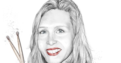 A drawing of Patty Schemel with red lipstick on, holding drumsticks. 