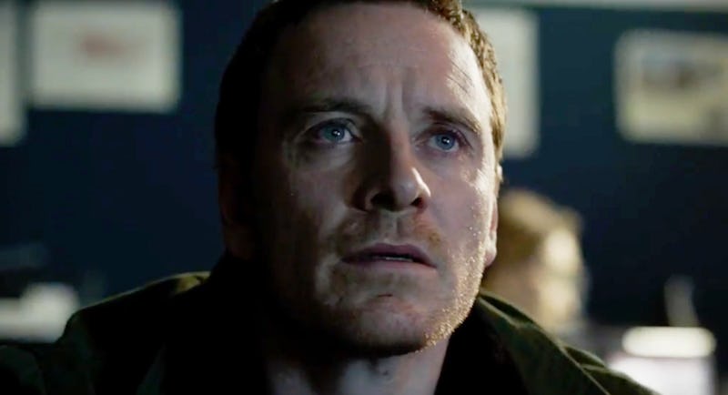 Irish actor Michael Fassbender in ‘The Snowman’ looking up