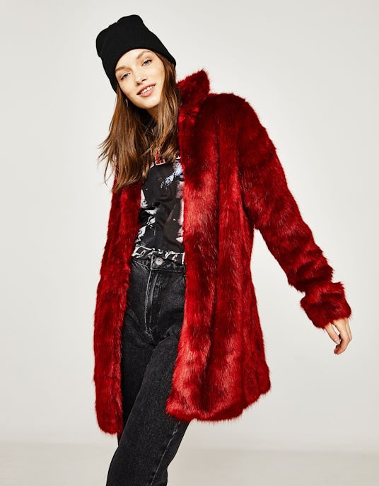 Bershka's long faux fur coat in maroon