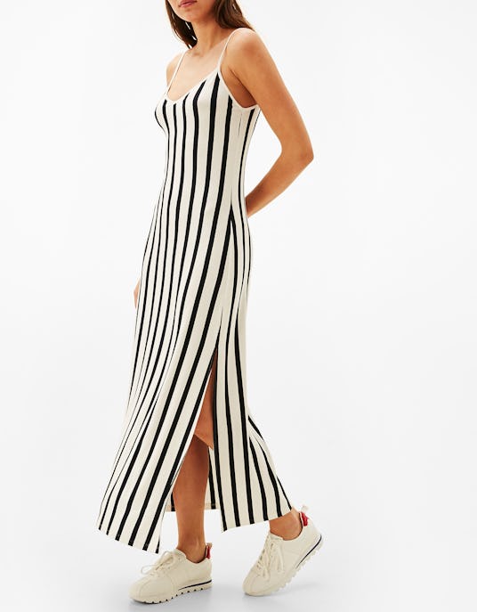 Bershka's spaghetti strap maxi dress in white with black stripes