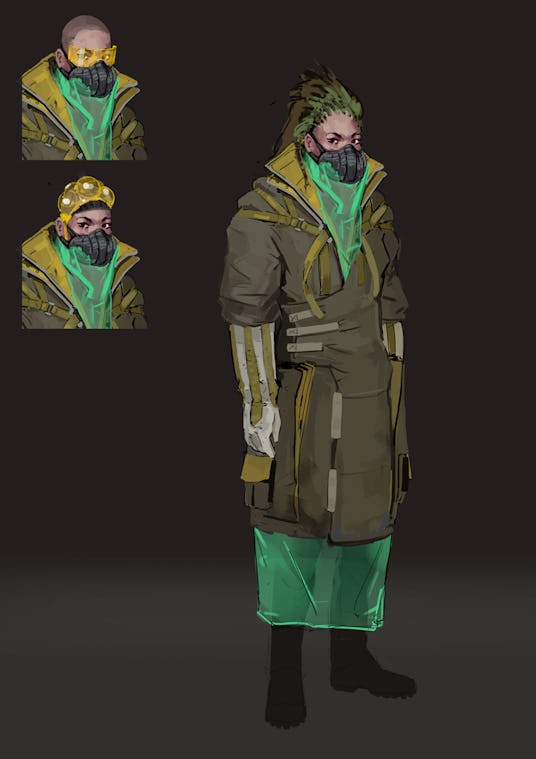 Design of a transparent green dress and an olive coat in combination with a mask 