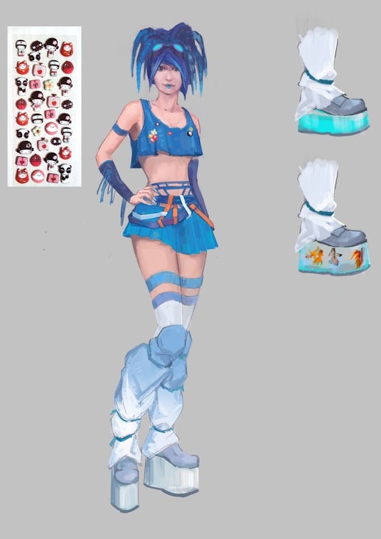 Design of a blue outfit and blue boots