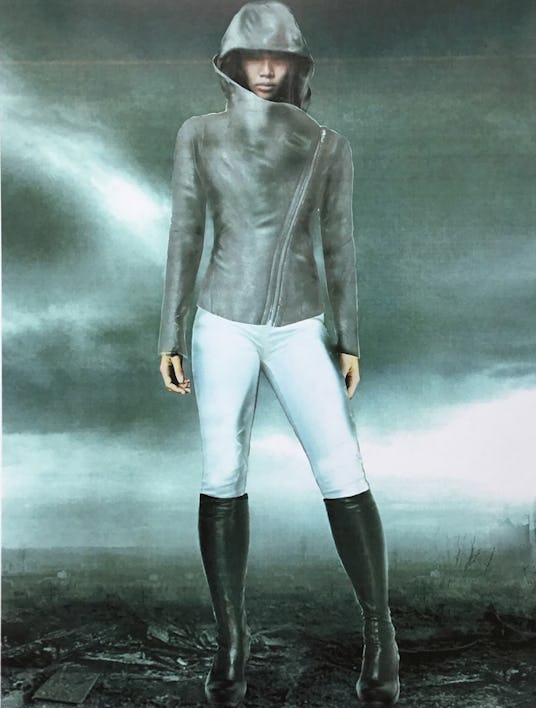 Design of a basic grey jacket in combination with white pants and black boots 