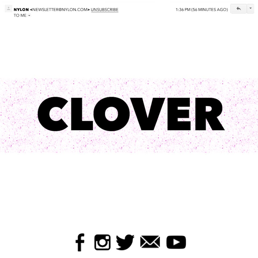 A newsletter banner that says "Clover", in black letters on light pink background