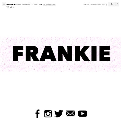 A newsletter banner that says "Frankie", in black letters on light pink background