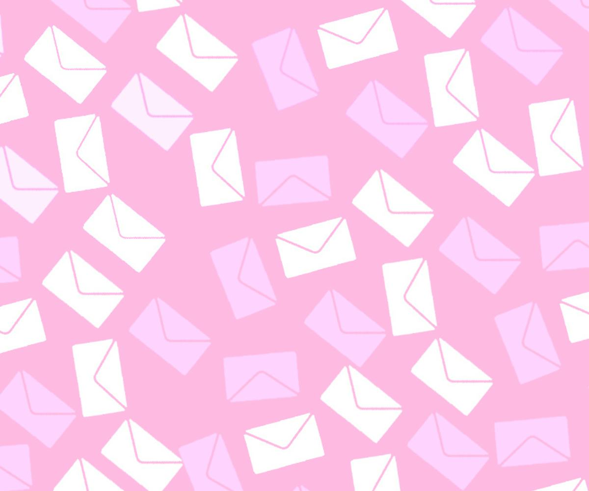 White, pink, and purple envelopes on brighter pink background