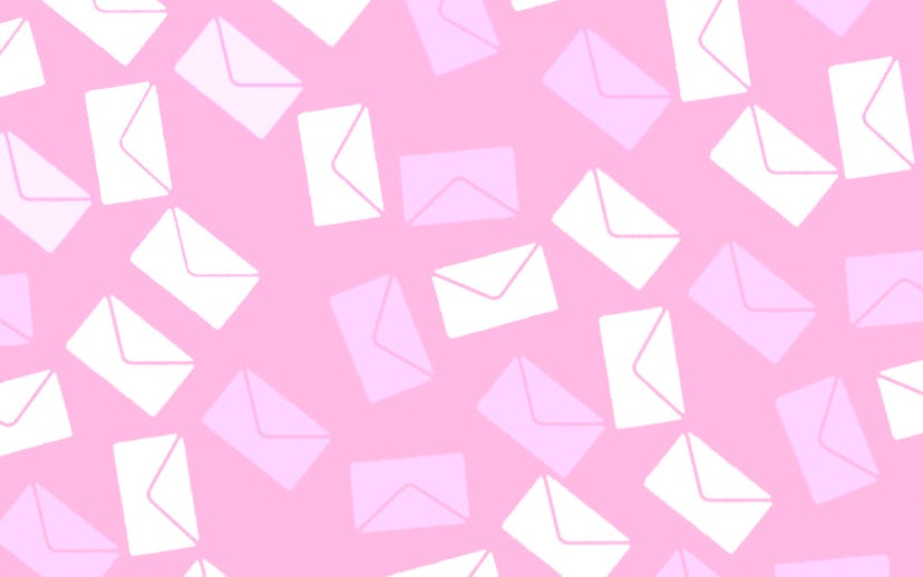 White, pink, and purple envelopes on brighter pink background