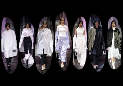 Several models walking the fashion runway while wearing white outfits