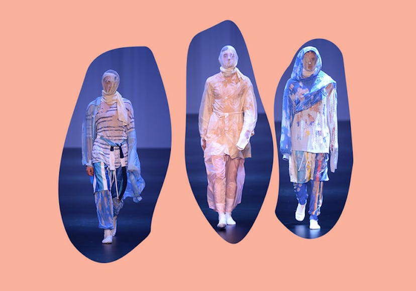 Collage of three male models walking down the fashion stage while wearing see-through clothes