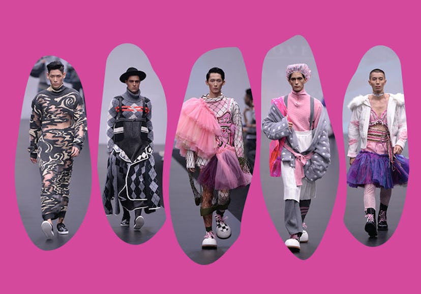 Collage of five male models walking the fashion runway while wearing dresses designed by Knitwear Sy...