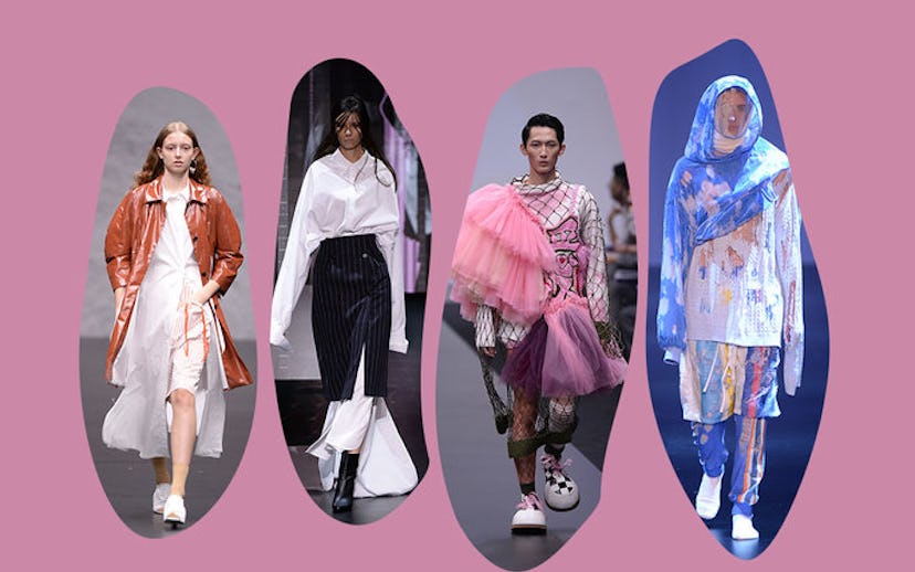 Two young women and two young men walking on the Hong Kong Centre fashion stage