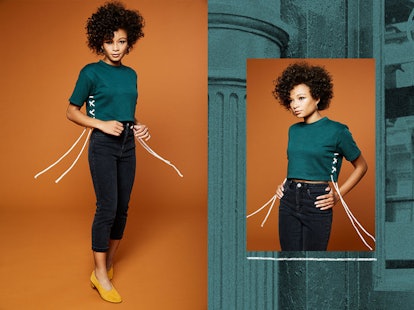 Simone in a green shirt by Missguided Petite, black pants by ASOS Petite and yellow shoes by Martini...
