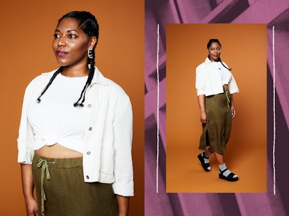 Walysia wearing earrings by Tapley, a shirt by ASOS and skirt by Eileen Fisher Petite.