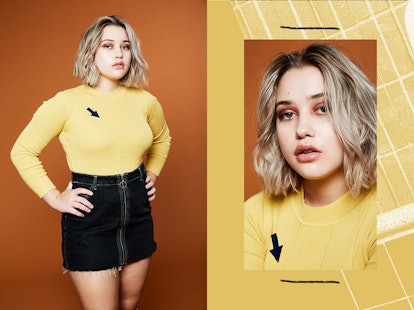 Chloe in a yellow shirt by Petite Studio and a dark denim skirt by ASOS petite with a zipper down th...