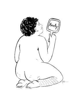 Illustration of a naked woman looking at the mirror which has "lovely" written on it by illustrator ...