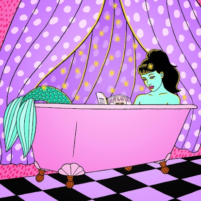 Illustration of a green mermaid in a bathtub with her tail hanging out reading NYLON magazine by ill...