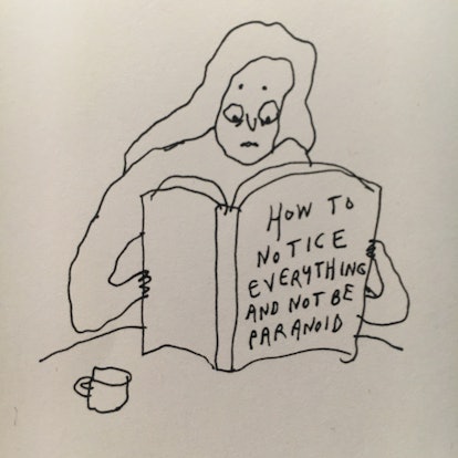 Illustration of a person reading a book called "How to notice everything and not be paranoid" by ill...