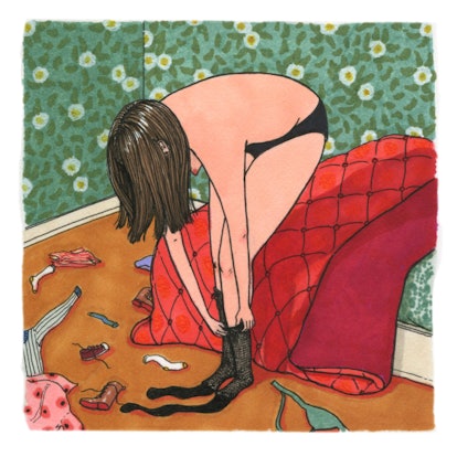 Illustration of a naked woman putting her socks on next to a red blanket by illustrator Sally Nixon