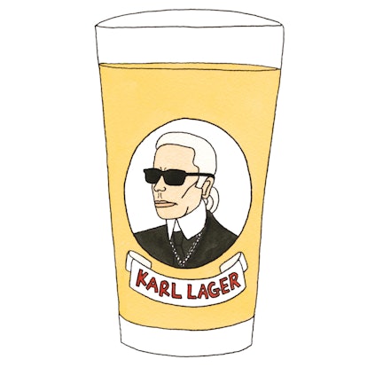Illustration of designer Karl Lager on a glass beer glass filled with beer by illustrator Angelica H...