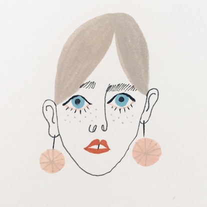 Illustration of a woman with gray hair, blue eyes and red lipstick by illustrator Maria-Ines Gul