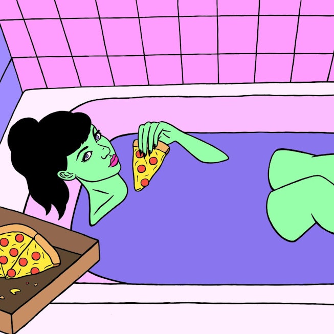 Illustration of a green girl bathing in a bathtub while holding and eating a pizza slice with a pizz...