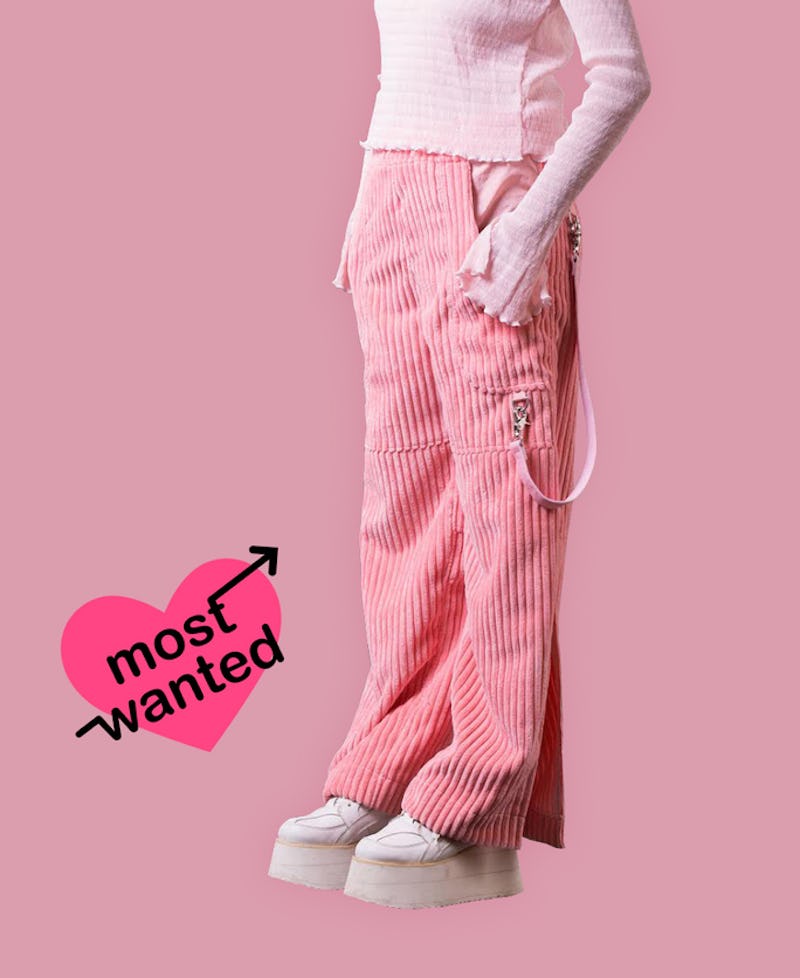 All pink outfit that includes Edelweiss Corduroy Pants and words "Most Wanted" next to it