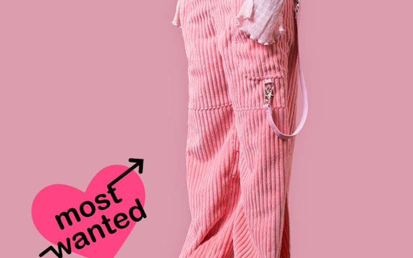 All pink outfit that includes Edelweiss Corduroy Pants and words "Most Wanted" next to it
