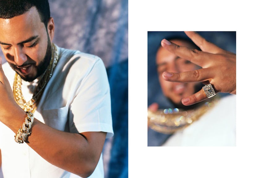 Two photos of French Montana, on the first one he is showing off his gold bracelet and on the other ...