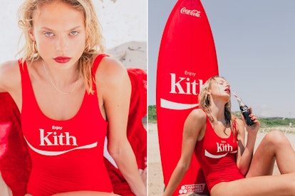 Blonde female model posing on a beach in a Kith x Coca-Cola swimsuit