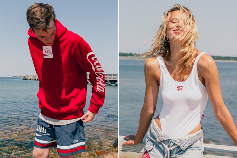 Male and female model posing in Kith x Coca-Cola outfits. He is in a red hoodie and she is wearing a...
