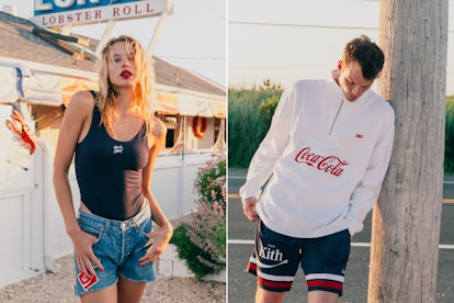 Male and female model posing in Kith x Coca-Cola outfits. He is in a white jacket and she is in a bl...