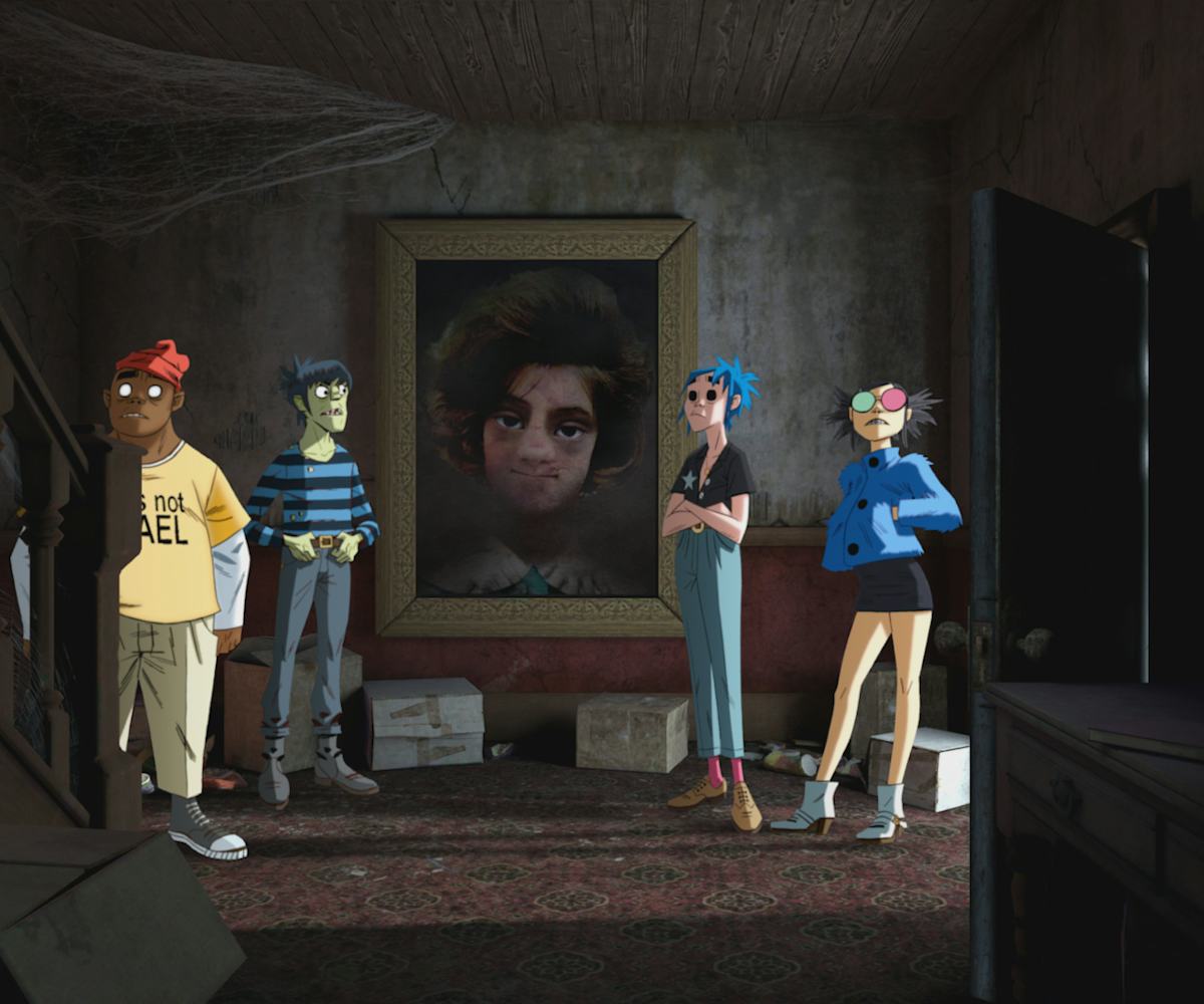 Animated picture of Gorillaz and their members 2-D, Murdoc Niccals, Noodle and Russel Hobbs with a p...