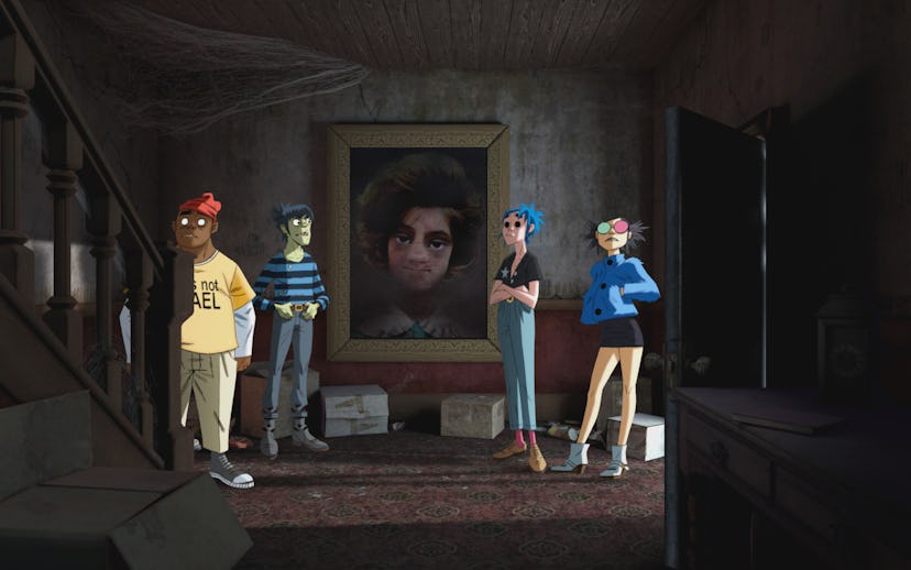 Animated picture of Gorillaz and their members 2-D, Murdoc Niccals, Noodle and Russel Hobbs with a p...