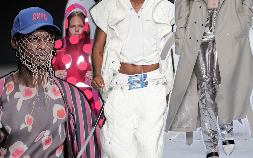 One male model with a fishing net over his face, a girl in a pink cover, and two models fully in whi...