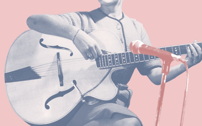 An illustration of Travis covering Britney Spears’ "...Baby One More Time" with a guitar