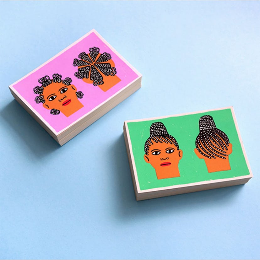 Postcards with drawings of hairstyles with braids