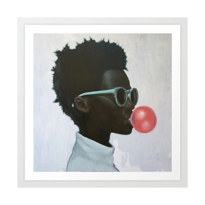 A man with an afro hairstyle and turquoise sunglasses blowing a bubble with a chewing gum 